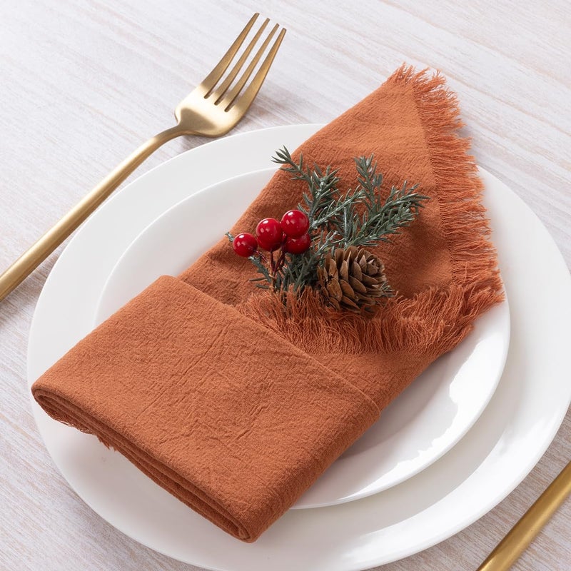 DeZerlor 12 Pack Terracotta Fall Cloth Napkins Set of 12 Thanksgiving Burnt Orange Cotton Linen Napkins with Fringe Rust Boho Handmade Dinner Table Napkins Bulk for Wedding Baby Shower, 17 x 17 Inches - Image 5